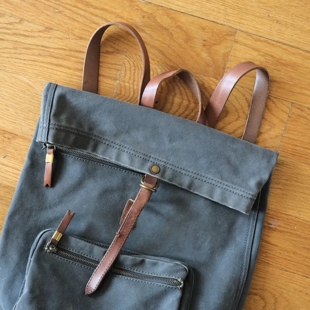 Madewell The Canvas Foldover Backpack Gray Leather Trim Army Surplus Style OS